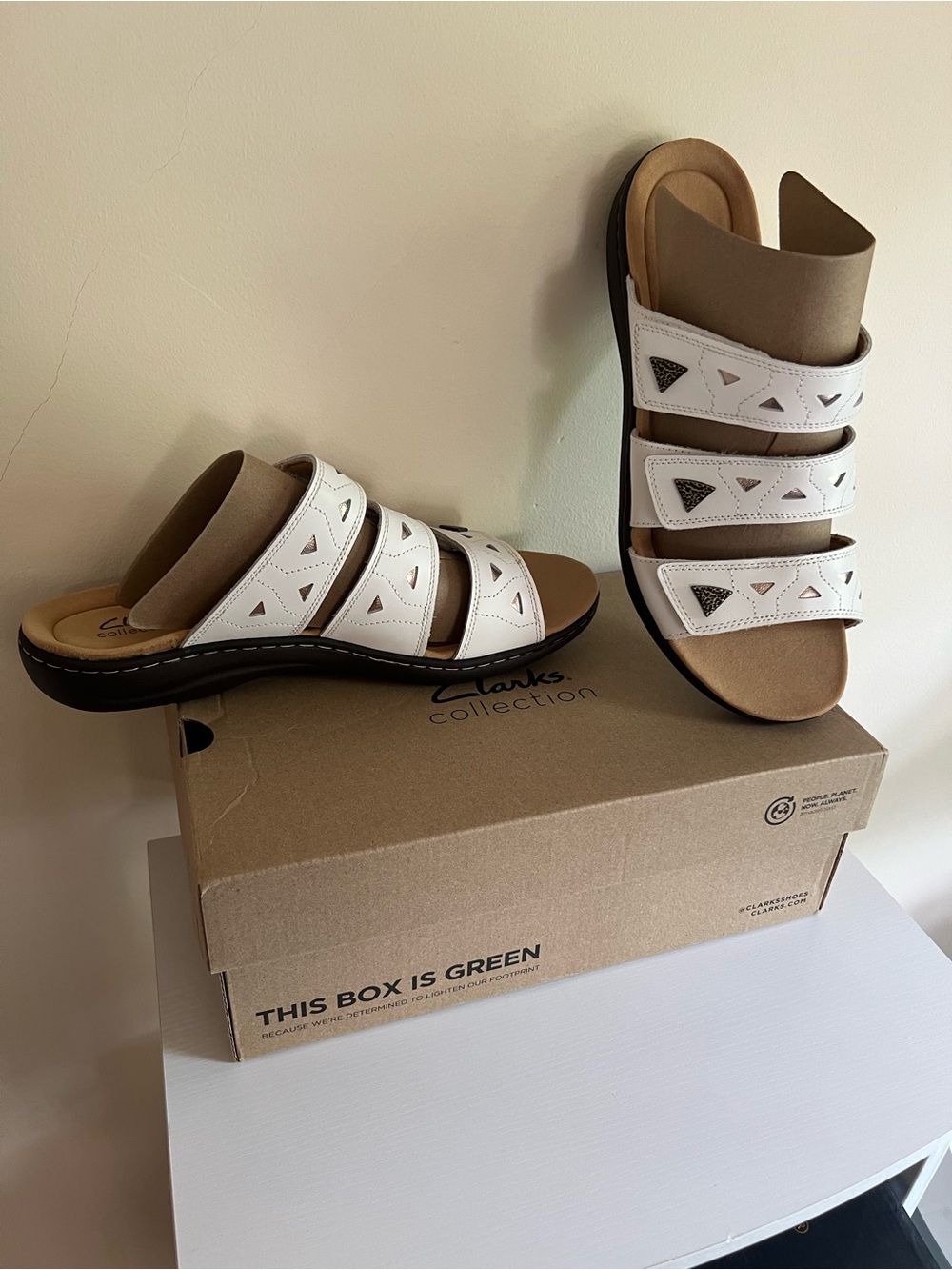 Clarks White Triple-Strap Slide Sandals with Tan Footbed